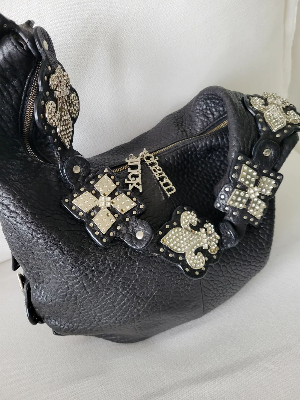 CHARM AND LUCK Black Leather Hobo Shoulder Satchel Purse